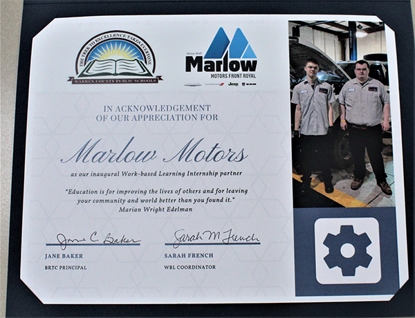 Brandon Davis receiving Marlow Motor Company Scholarship 2019 in Front Royal VA